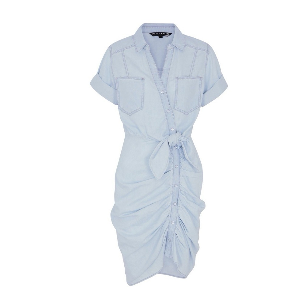 Veronica Beard Chambray Shirtdress Tie Waist Ruched Mini XS Quiet Luxury Capsule